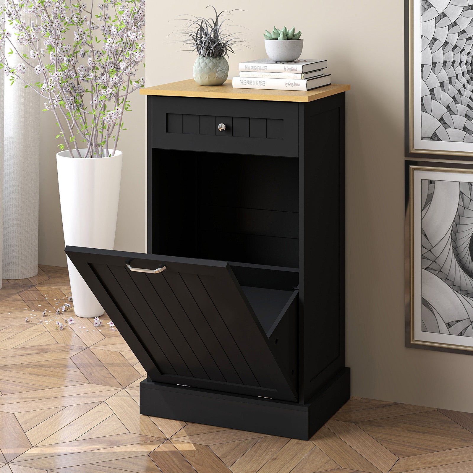 Black Single Trash Cabinet Multifunctional Hidden Garbage Can for Kitchen Tilt Out Trash Cabinet with Storage Drawer Bathroom, Laundry and Living Room